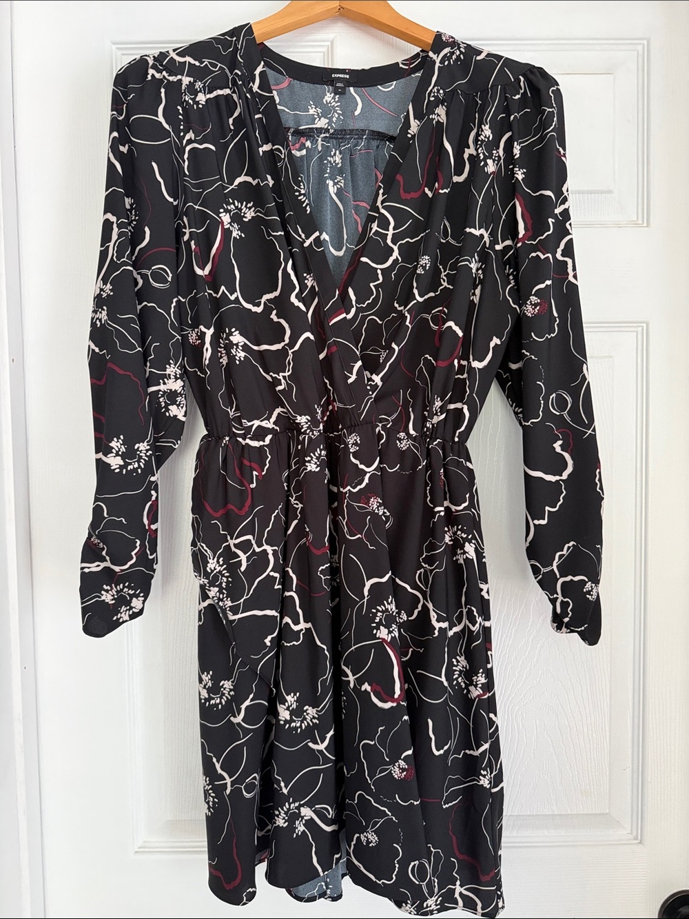 Express Black Floral Long-Sleeve Wrap-Style Dress with Burgundy Accents